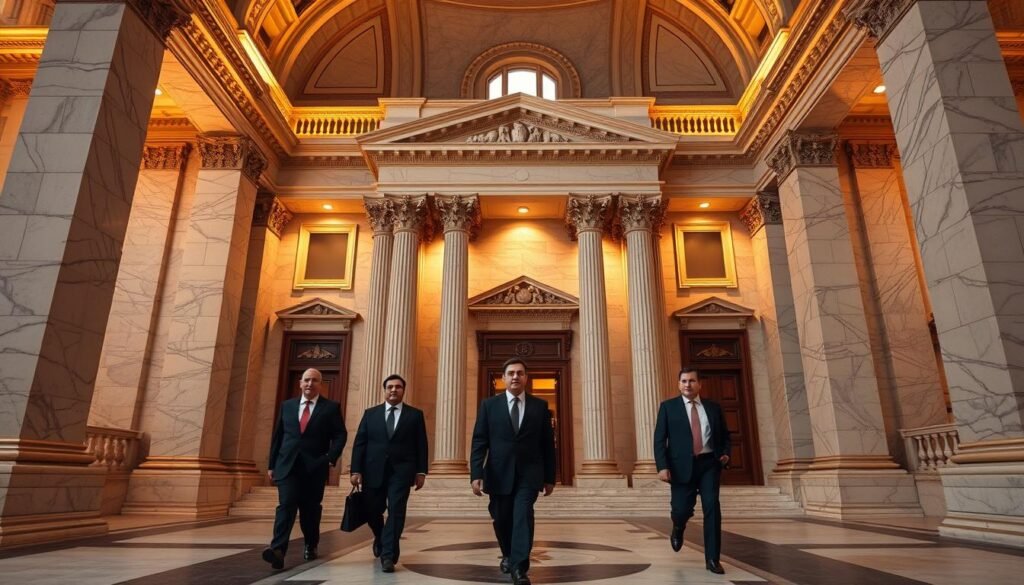 A stately marble building stands tall, its neoclassical facade adorned with grand columns and a majestic dome. The interior is bathed in warm, golden light, illuminating the intricate details of the architecture. Elegant officials in formal attire move with purpose through the grand halls, symbolizing the authority and importance of the supreme audit institution. A sense of tradition and gravitas permeates the scene, reflecting the institution's vital role in upholding financial accountability and transparency. The image conveys the weight and significance of Egypt's supreme audit institution, a beacon of good governance as it prepares to host the prestigious INCOSAI conference.