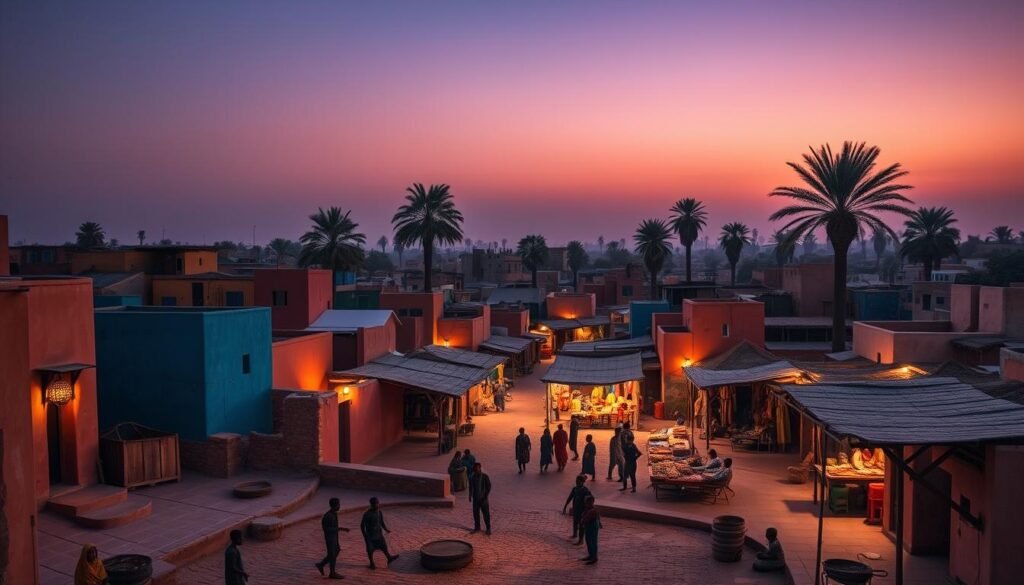 Nubian village colorful houses at dusk